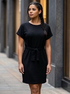 NWT Merokeety SZ L black t-shirt style dress w/attached belt/bust 42”-46”